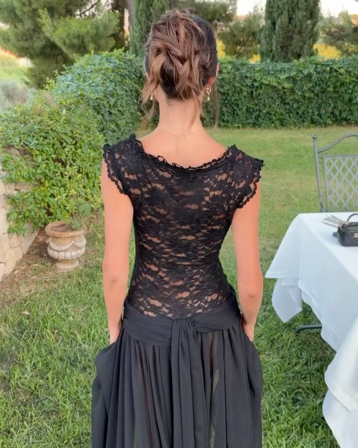 Black Lace Tulle Flowy Maxi Dress