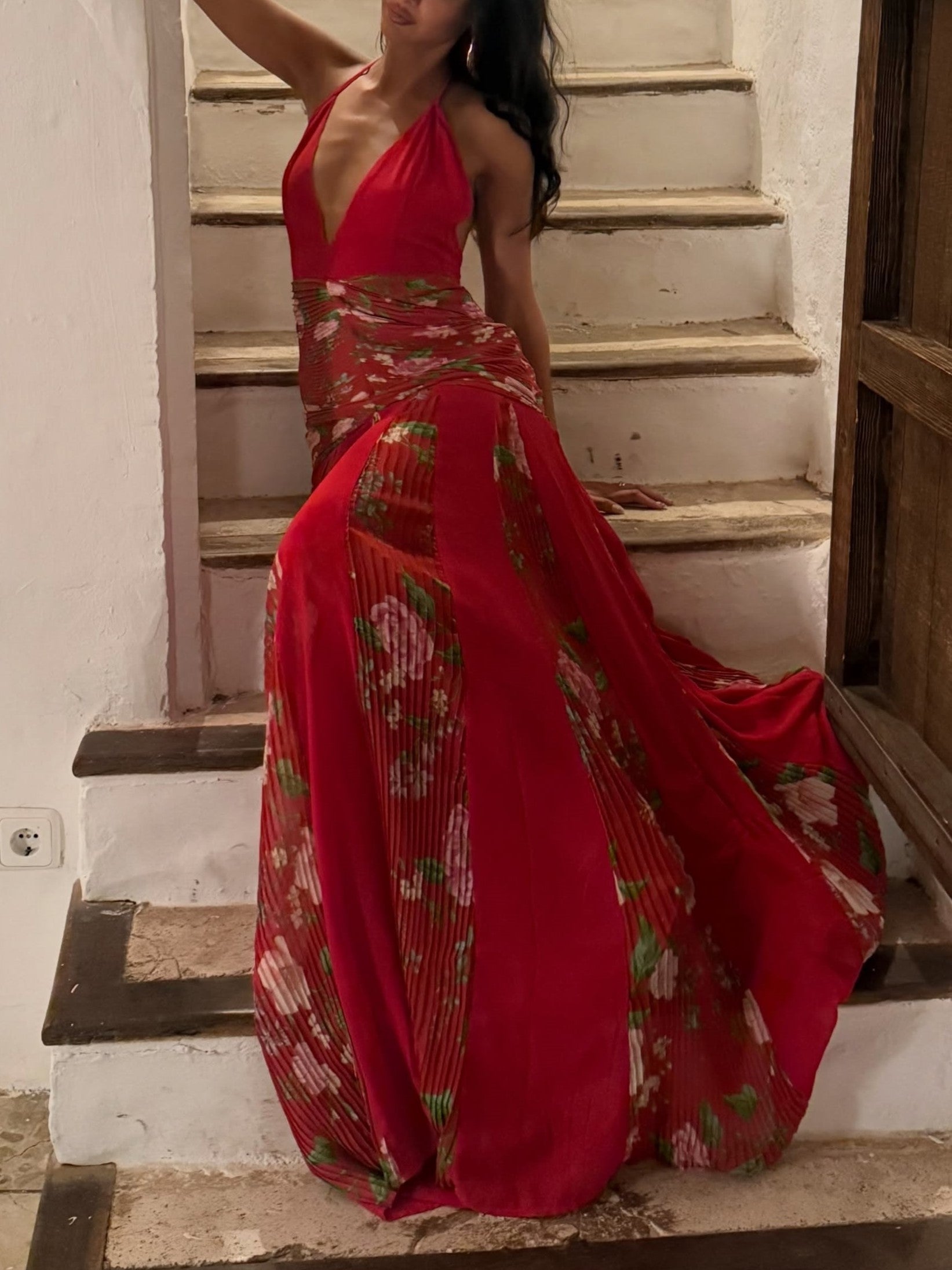 Red Floral Pleated Halter Maxi Dress