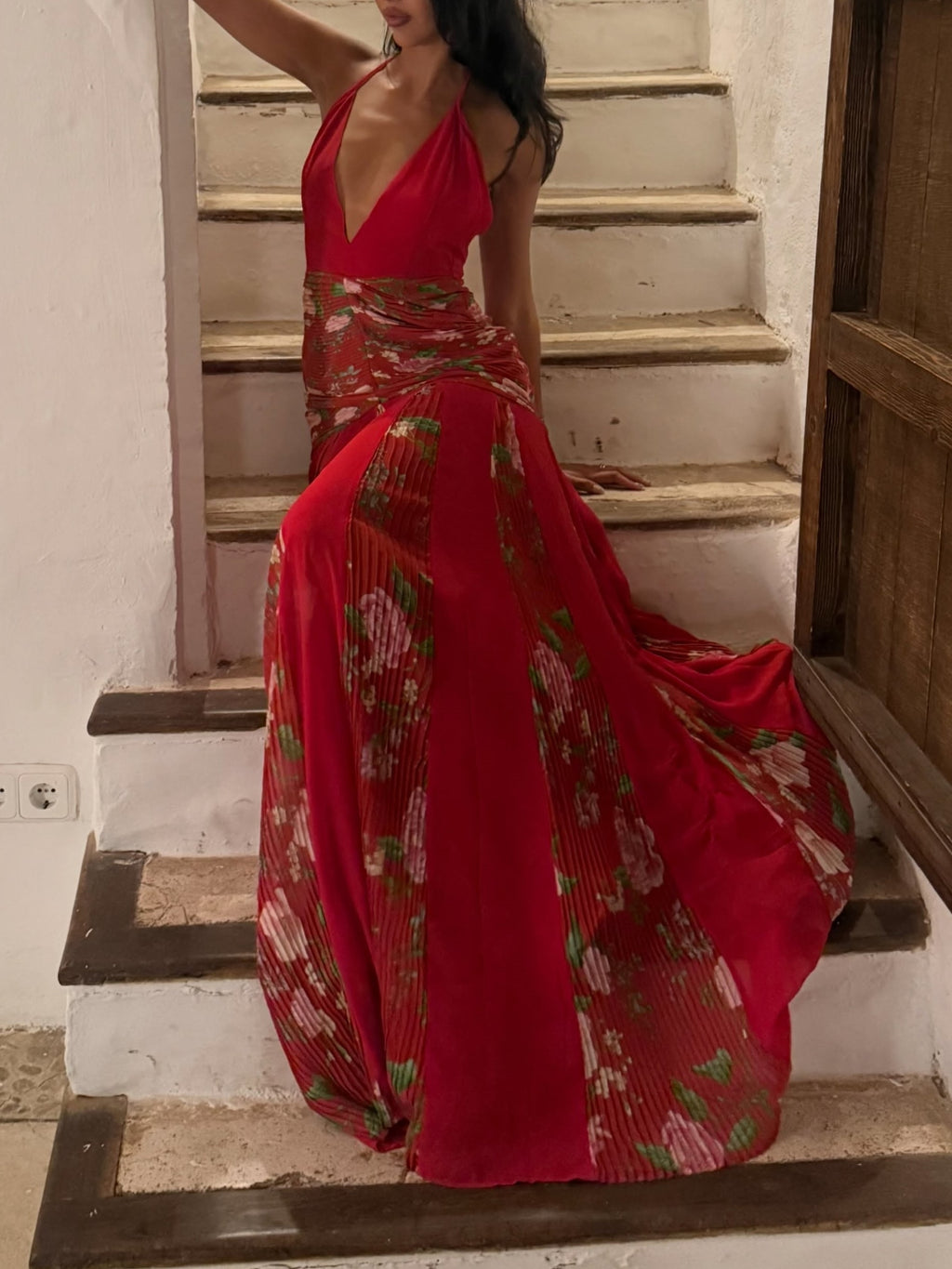Red Floral Pleated Halter Maxi Dress