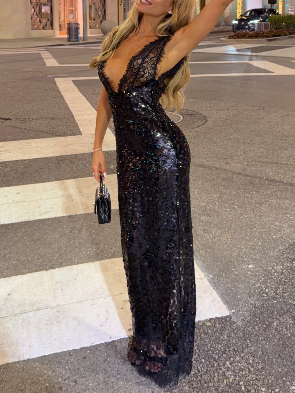 Black Sequin Lace Plunge Maxi Dress