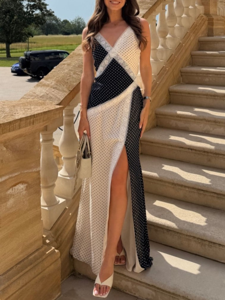 Black White Polka Dot High Slit Maxi Dress