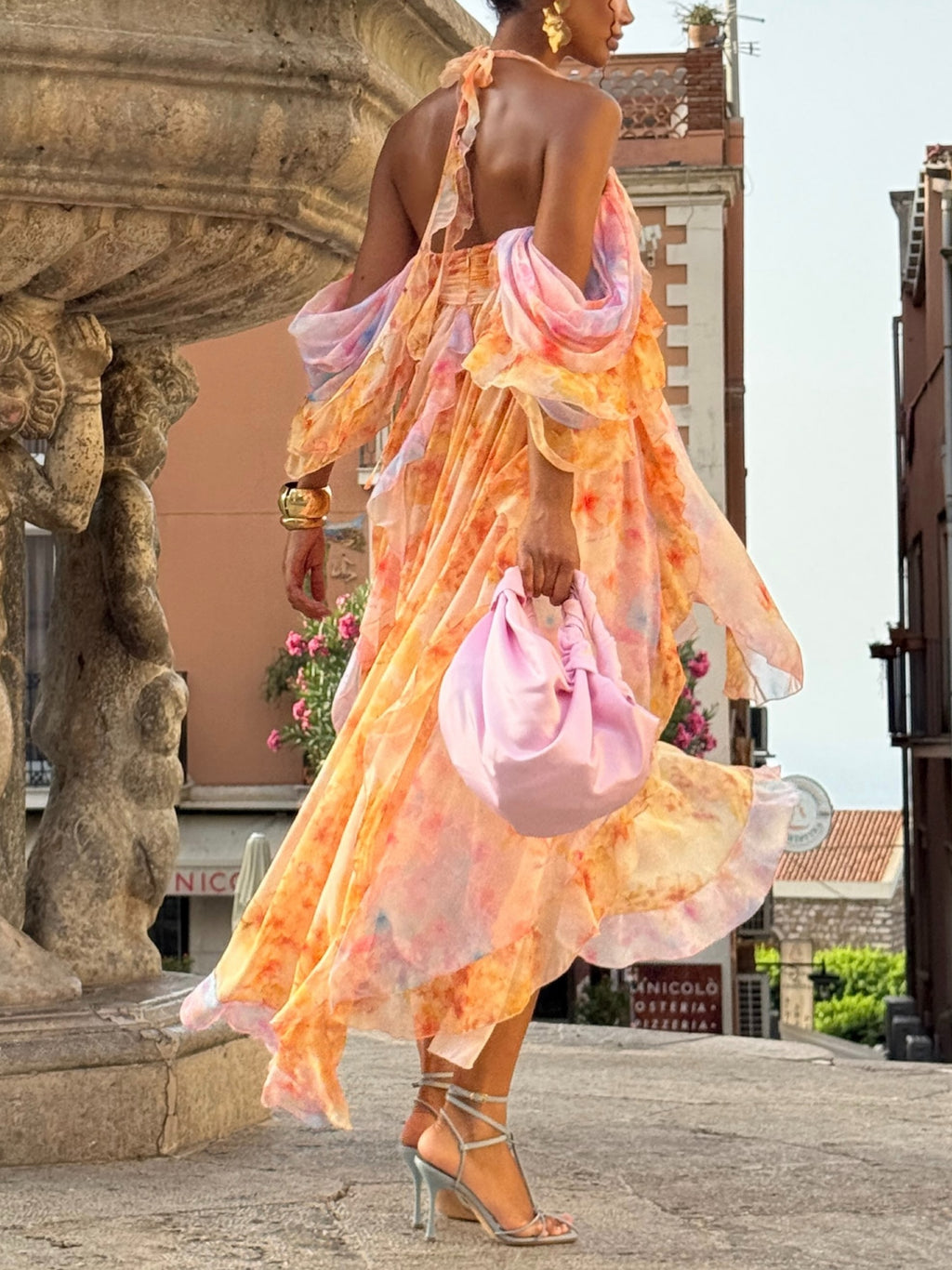 Orange Pink Tie Dye Ruffle Maxi Dress
