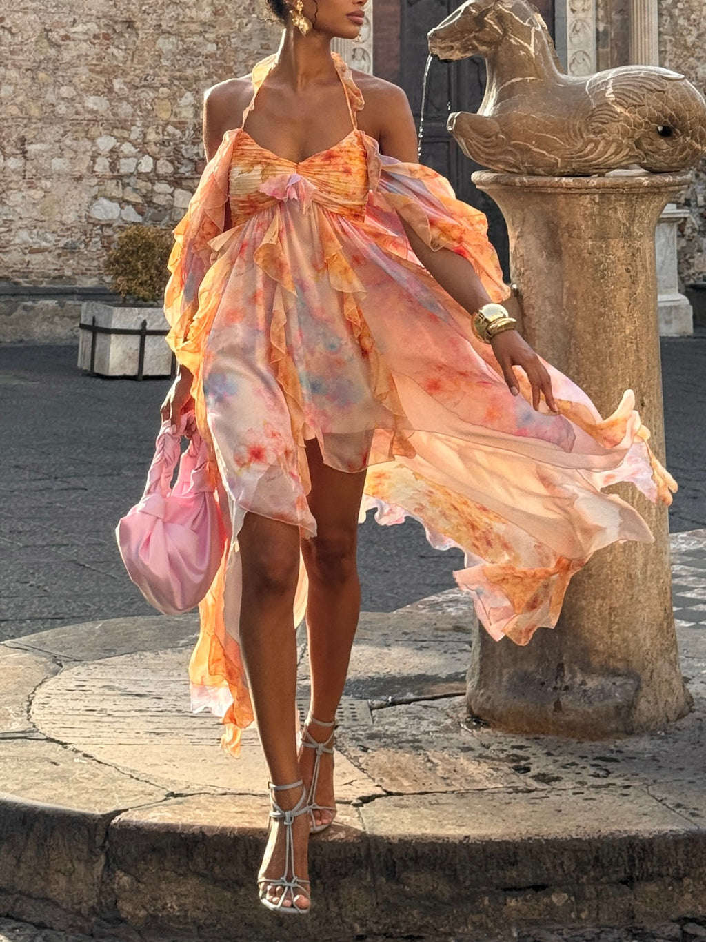 Orange Pink Tie Dye Ruffle Maxi Dress