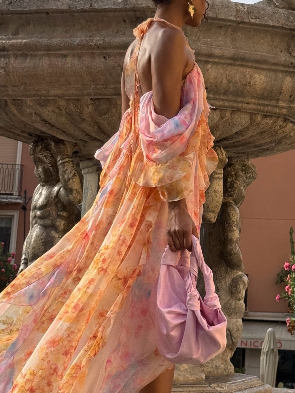 Orange Pink Tie Dye Ruffle Maxi Dress