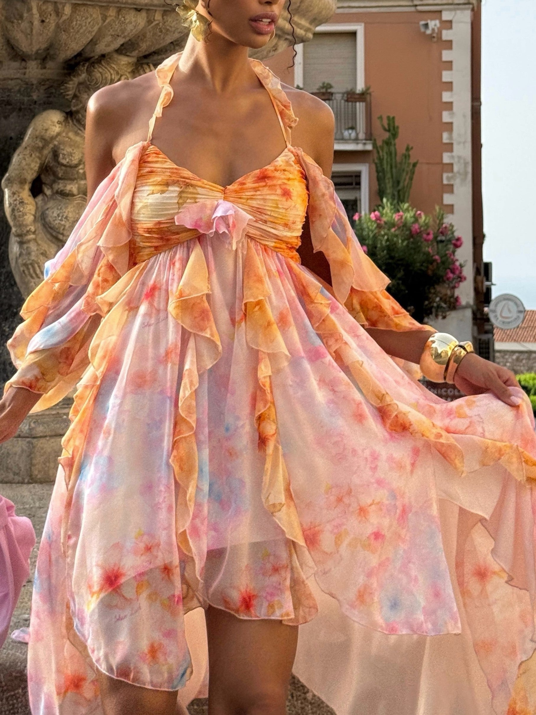 Orange Pink Tie Dye Ruffle Maxi Dress