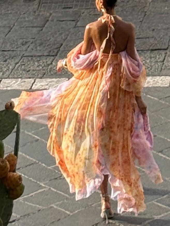 Orange Pink Tie Dye Ruffle Maxi Dress