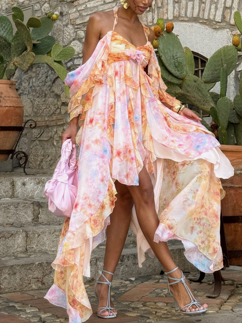 Orange Pink Tie Dye Ruffle Maxi Dress
