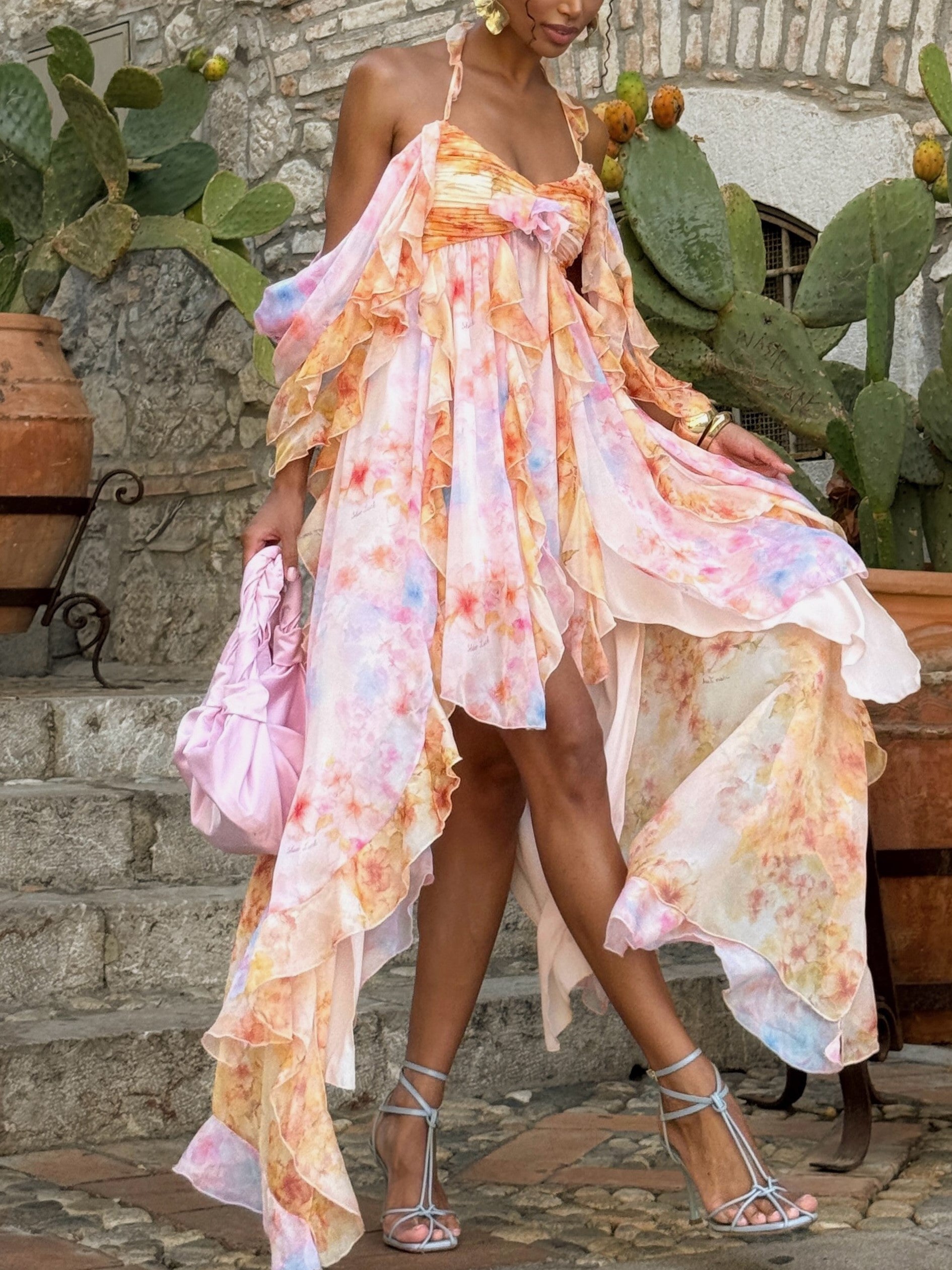 Orange Pink Tie Dye Ruffle Maxi Dress