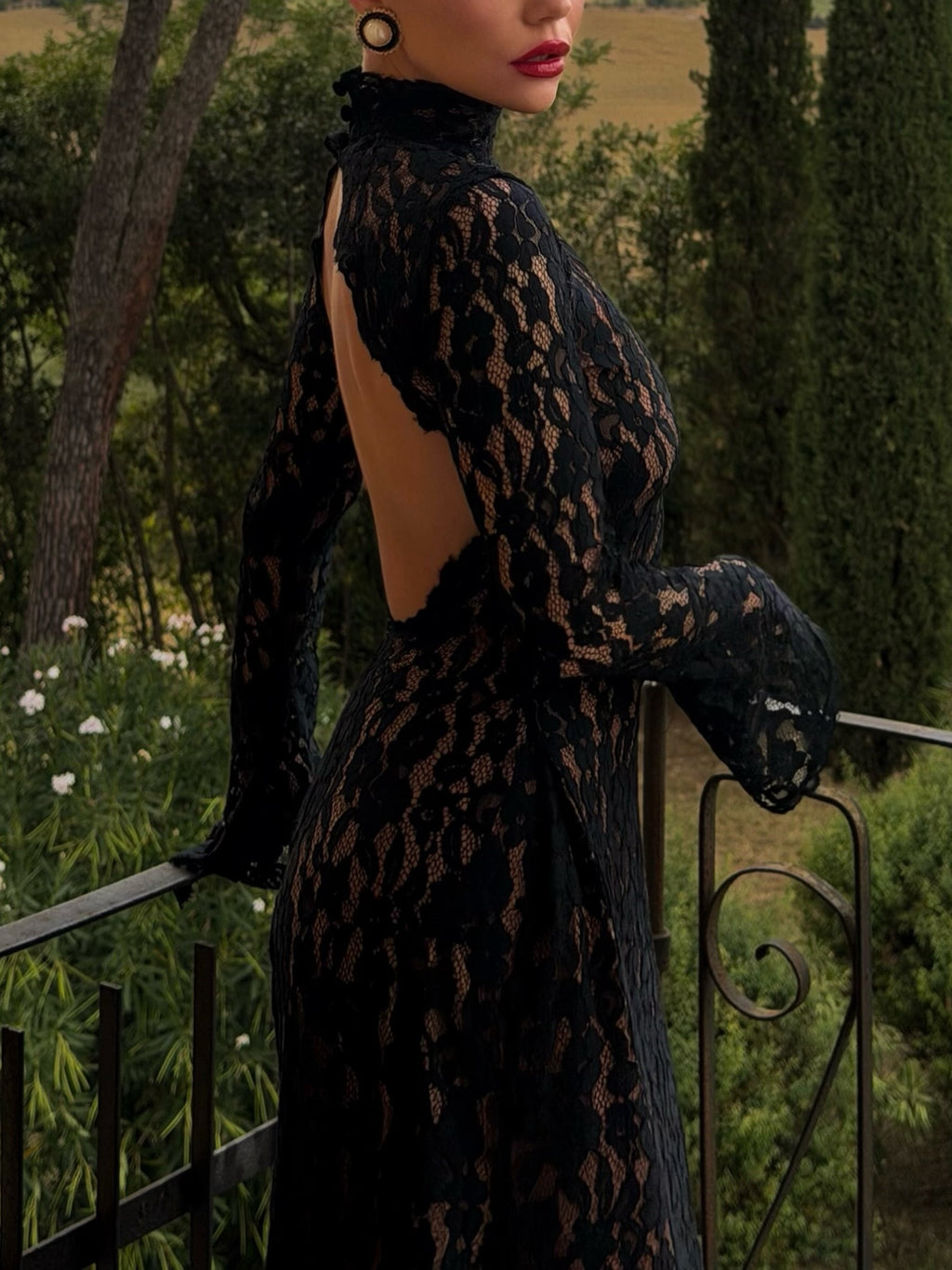 Black Floral Lace High Neck Maxi Dress