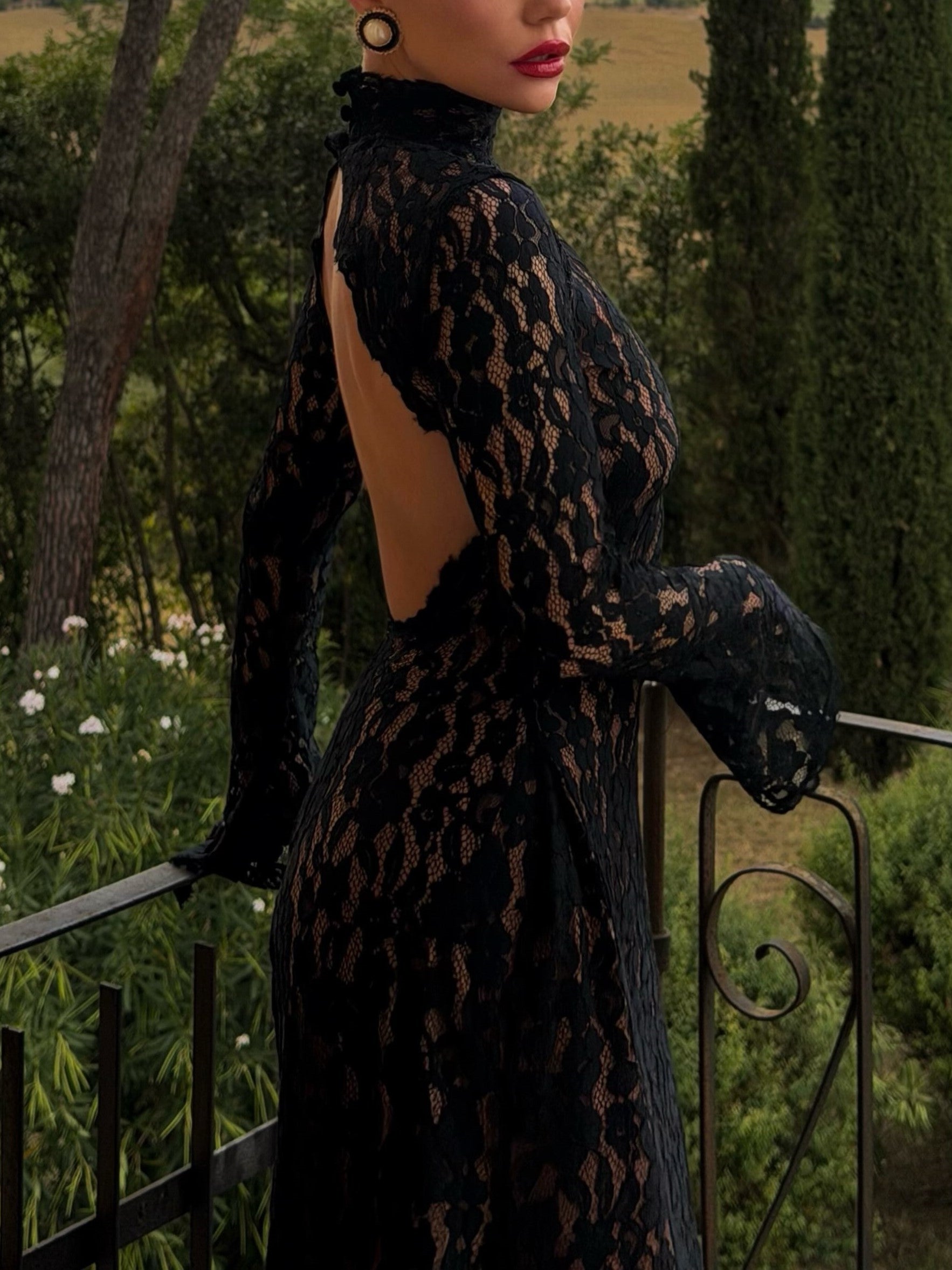 Black Floral Lace High Neck Maxi Dress
