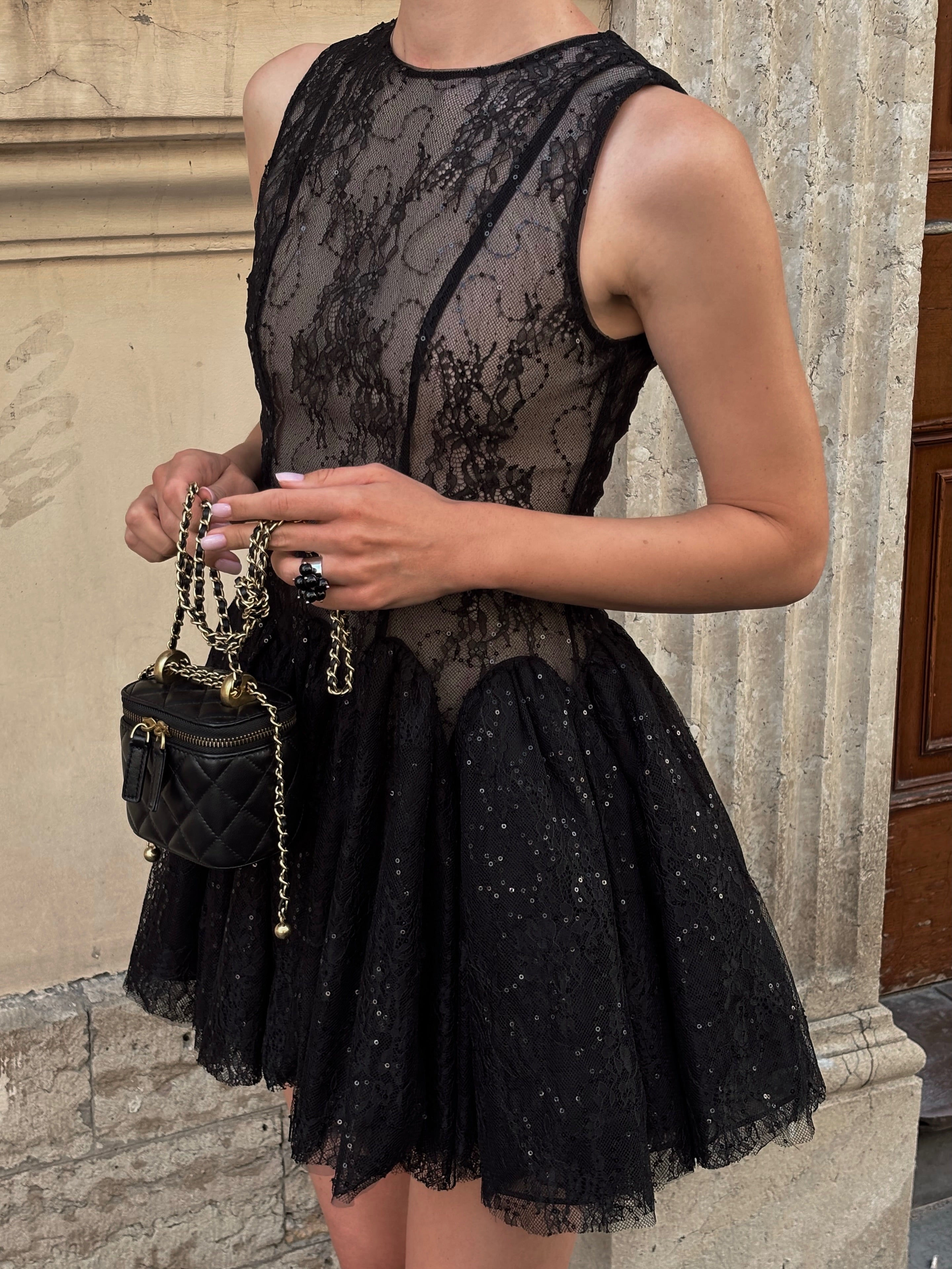 Black Lace Tulle Flared Mini Dress