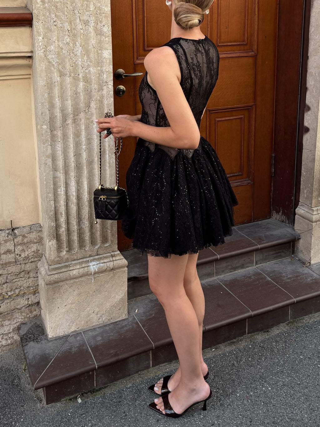 Black Lace Tulle Flared Mini Dress