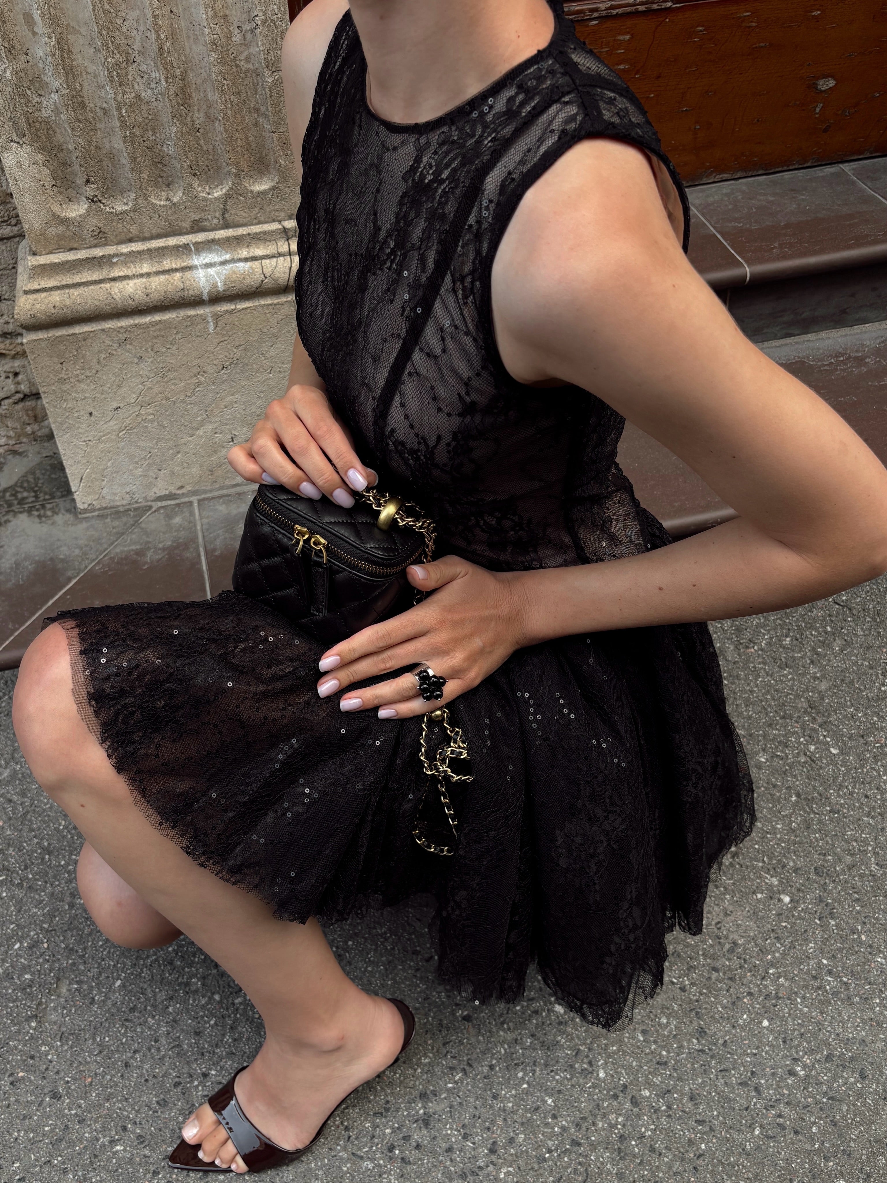 Black Lace Tulle Flared Mini Dress