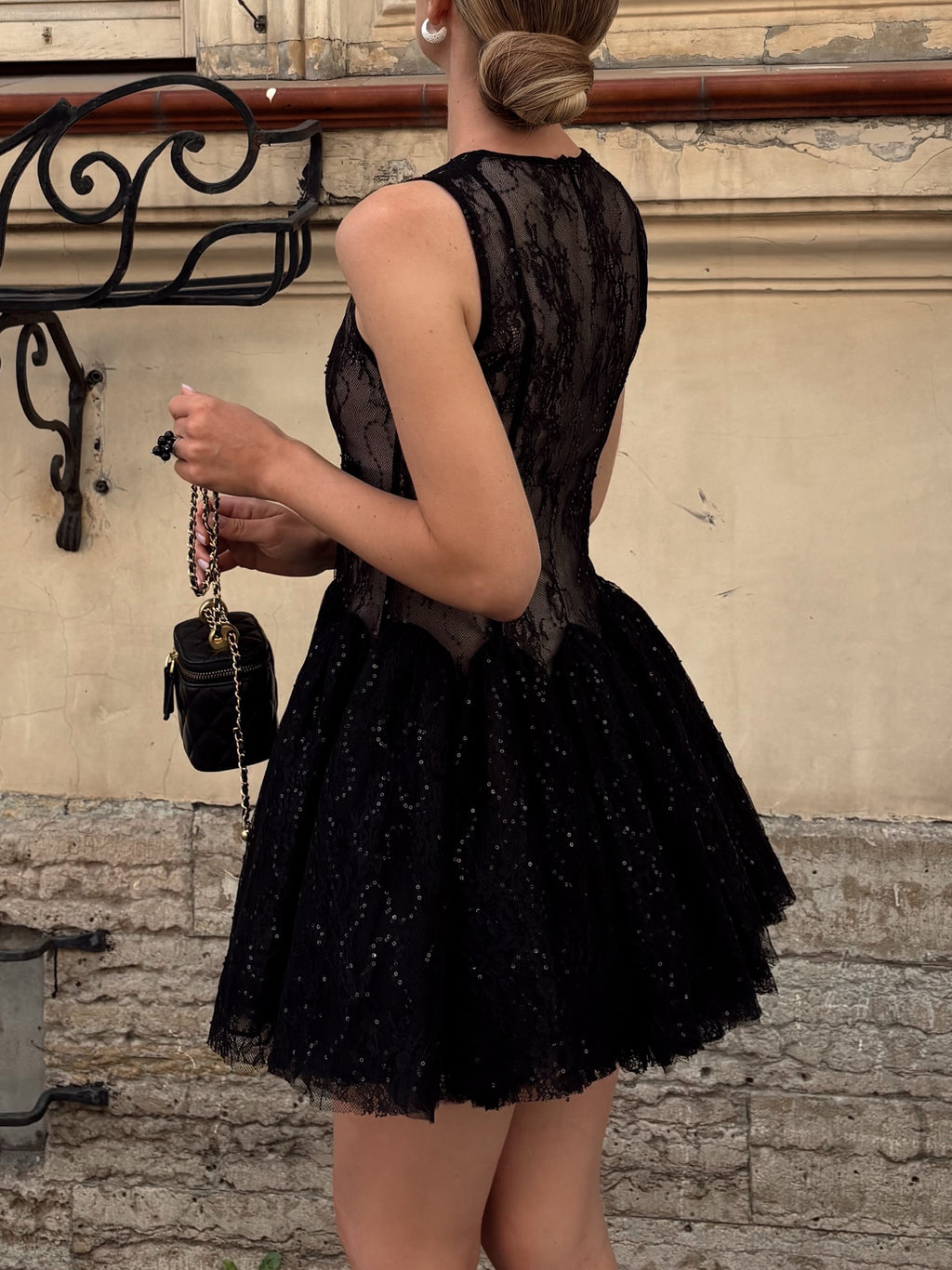 Black Lace Tulle Flared Mini Dress