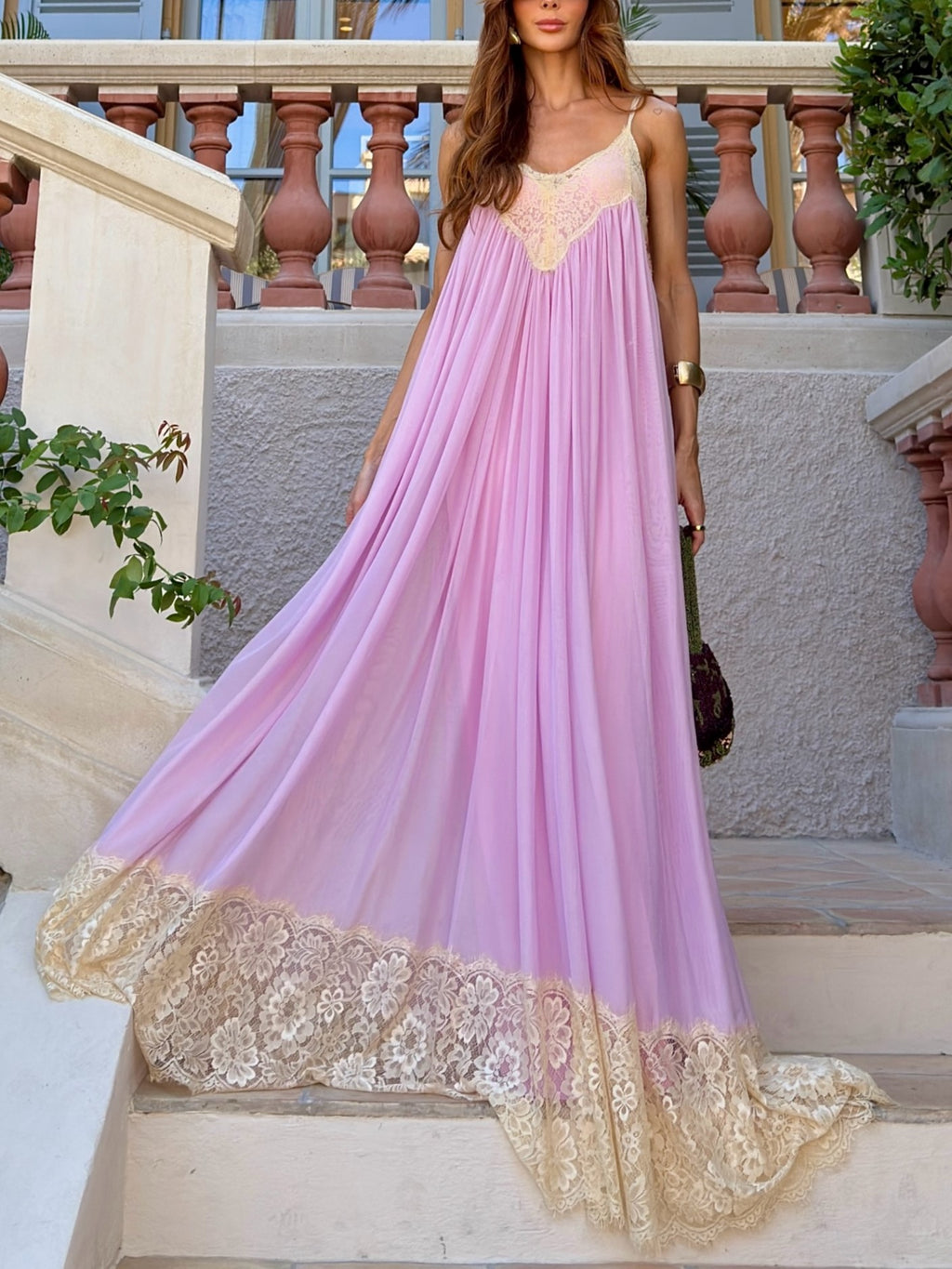 Lavender Lace Hem Satin Maxi Dress