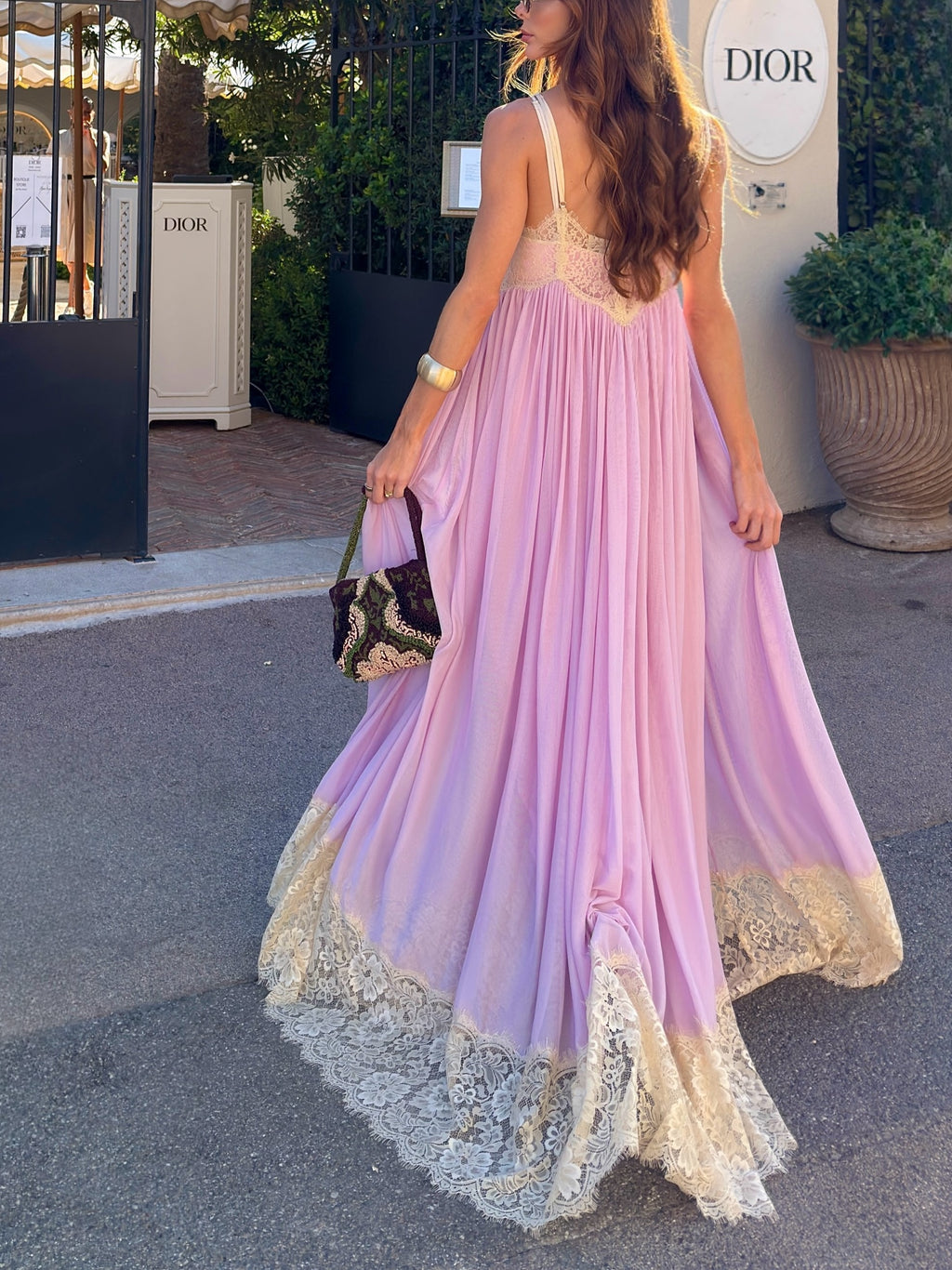 Lavender Lace Hem Satin Maxi Dress