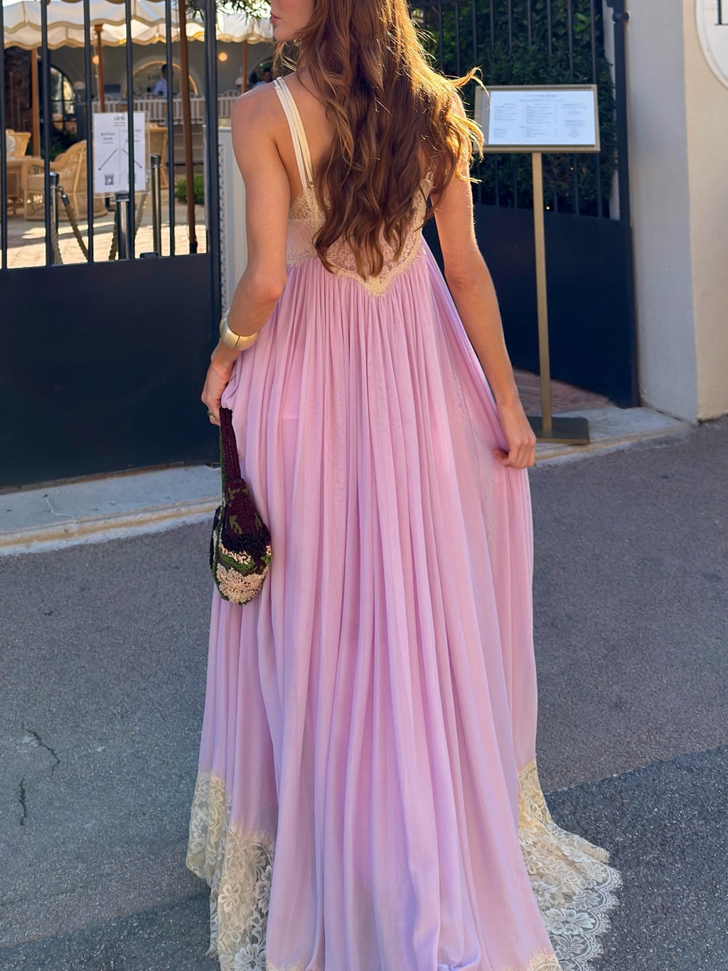 Lavender Lace Hem Satin Maxi Dress