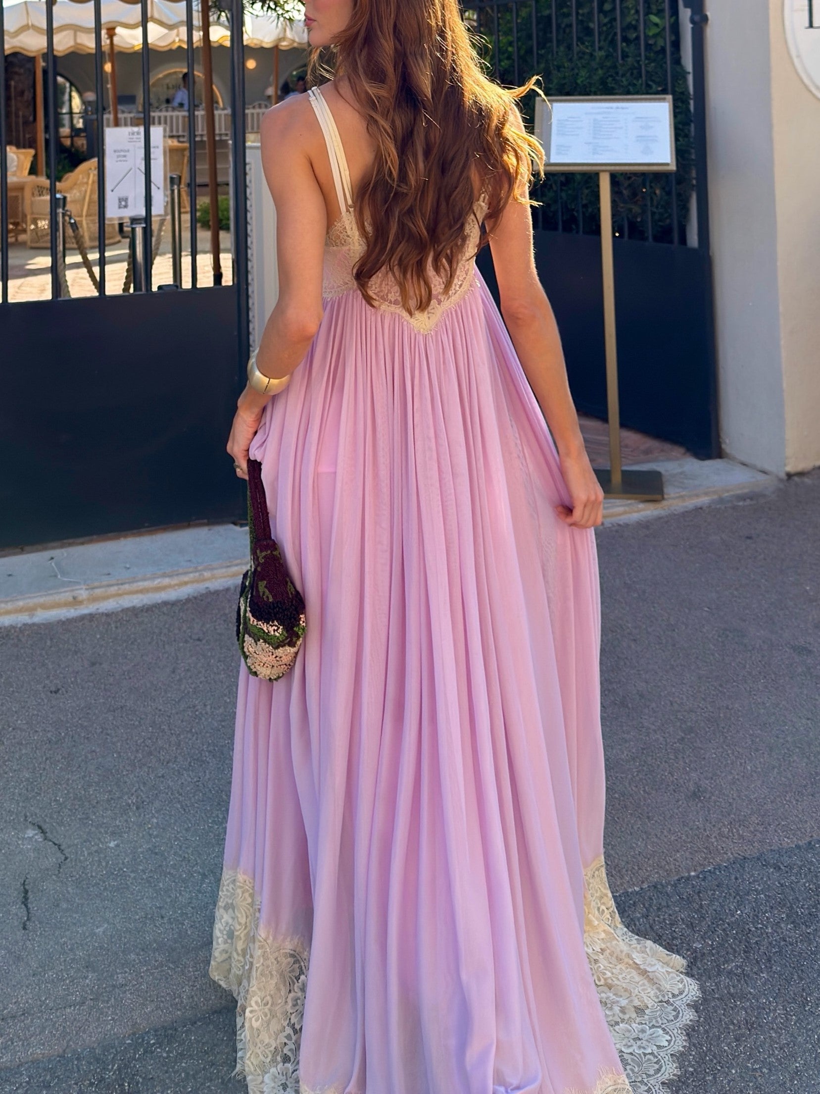 Lavender Lace Hem Satin Maxi Dress