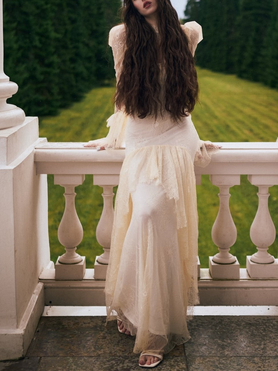 Ivory White Vintage Lace Bell Sleeve Maxi Dress
