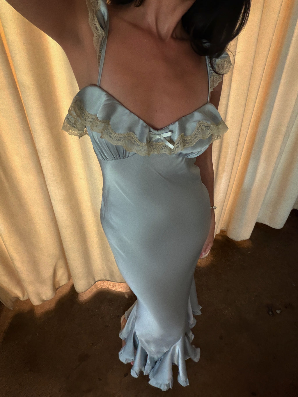 Silver Blue Satin Ruffle Strap Mermaid Dress