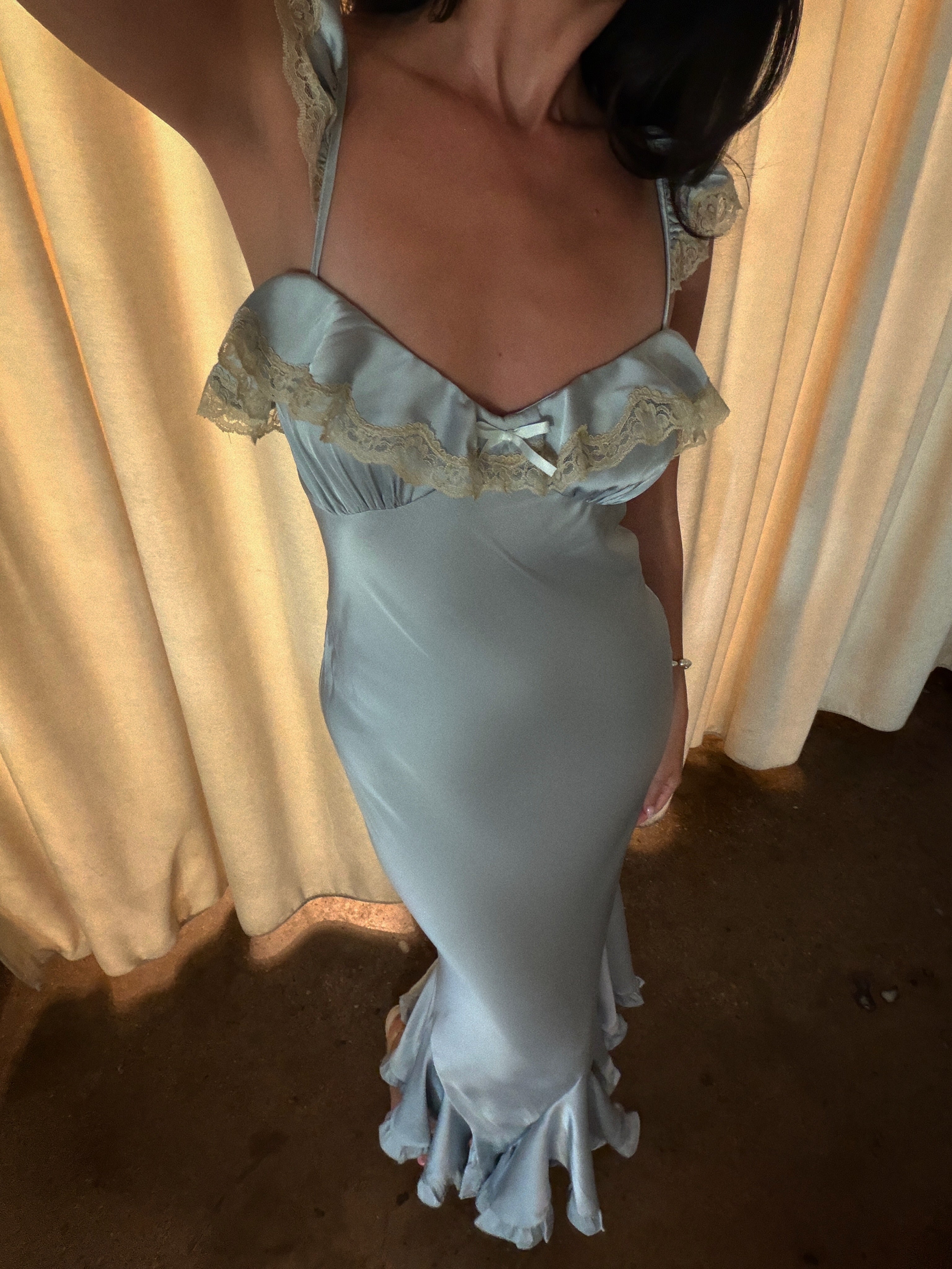 Silver Blue Satin Ruffle Strap Mermaid Dress