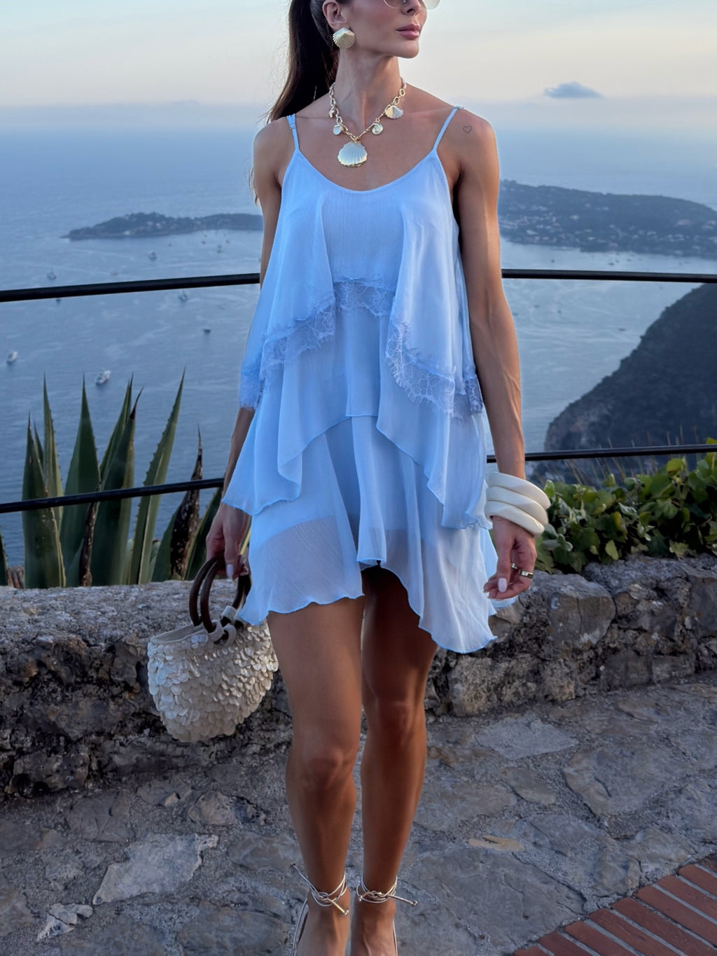 Baby Blue Sheer Lace Asymmetrical Slip Dress