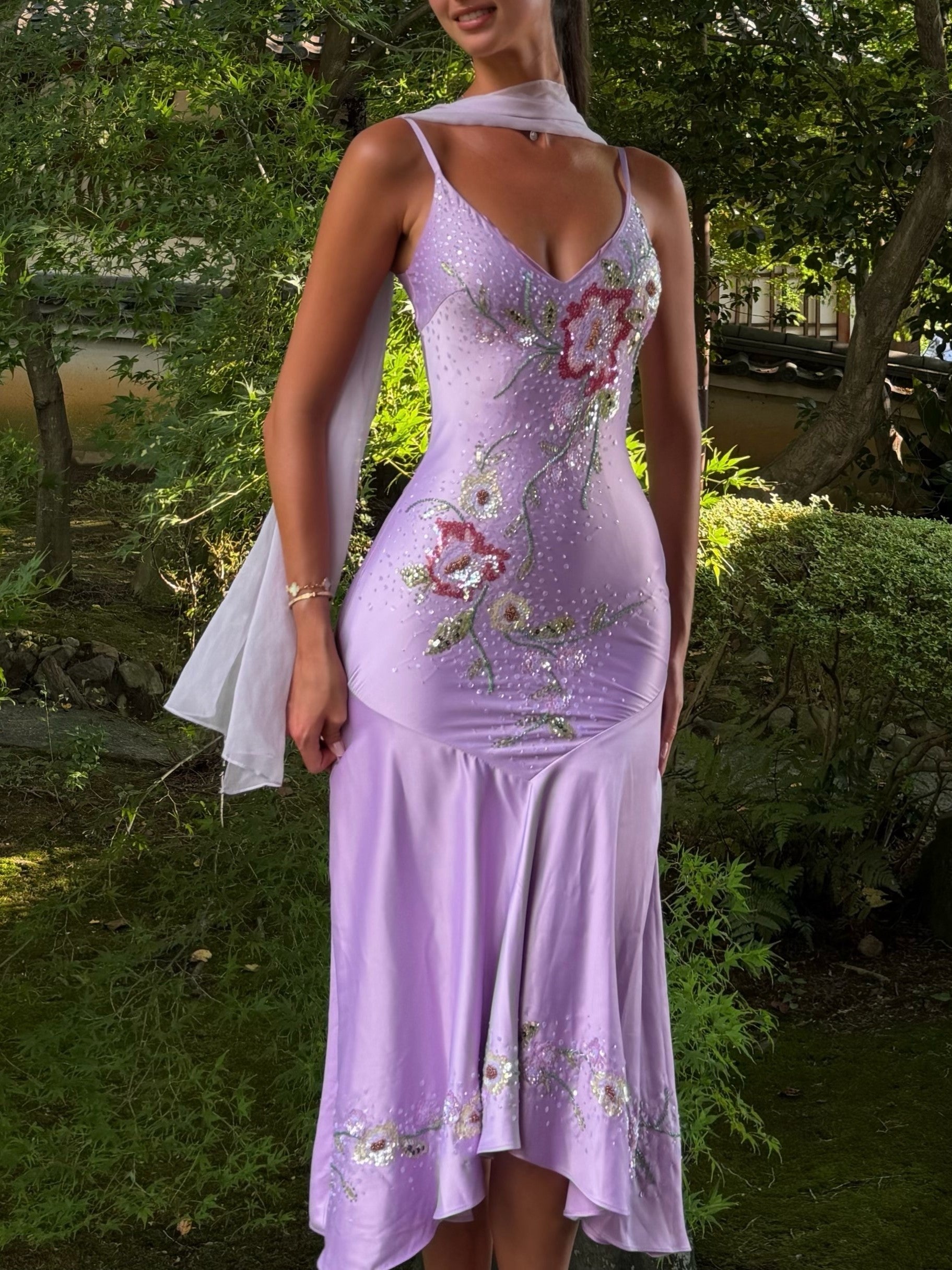 Lavender Embroidered Floral V-Neck Slip Midi Dress