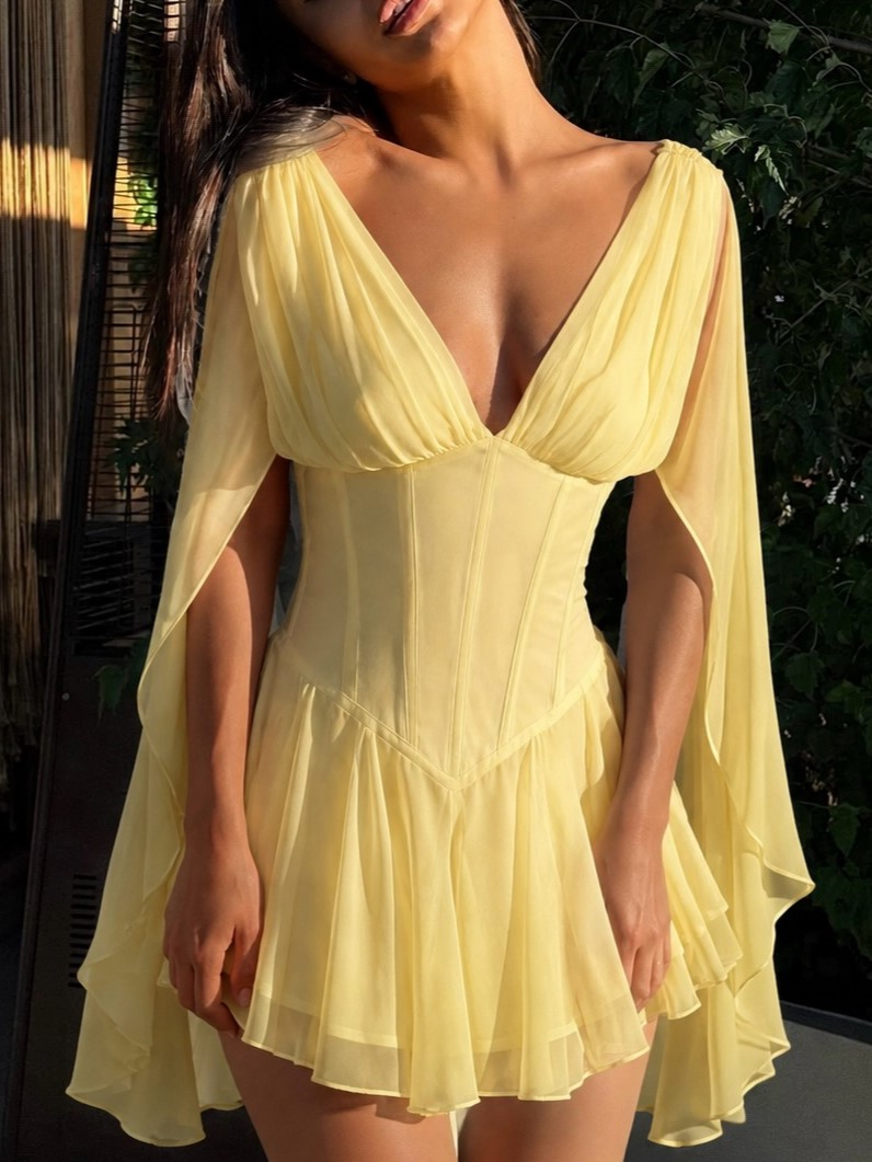 Yellow Pleated Cape Sleeve Mini Dress