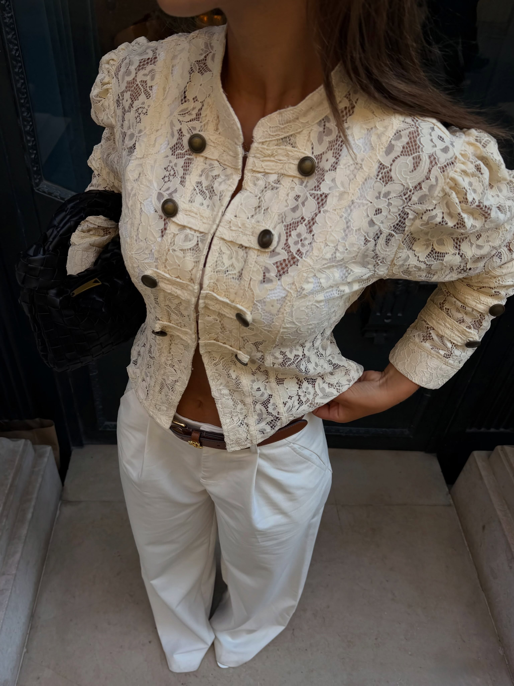 Cream Lace Double-Breasted Jacket