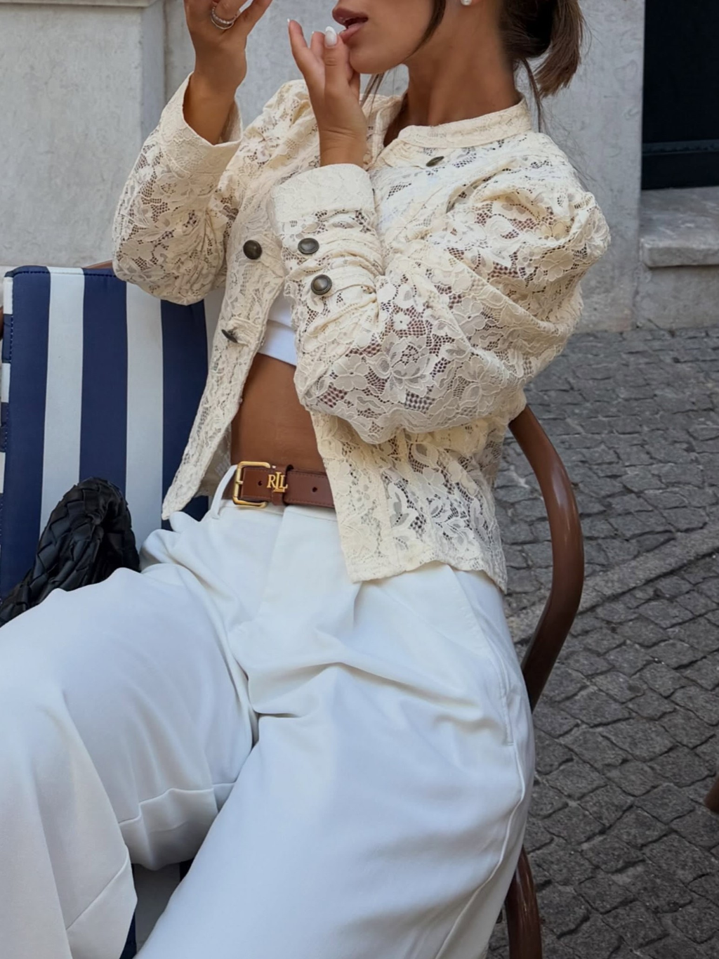 Cream Lace Double-Breasted Jacket