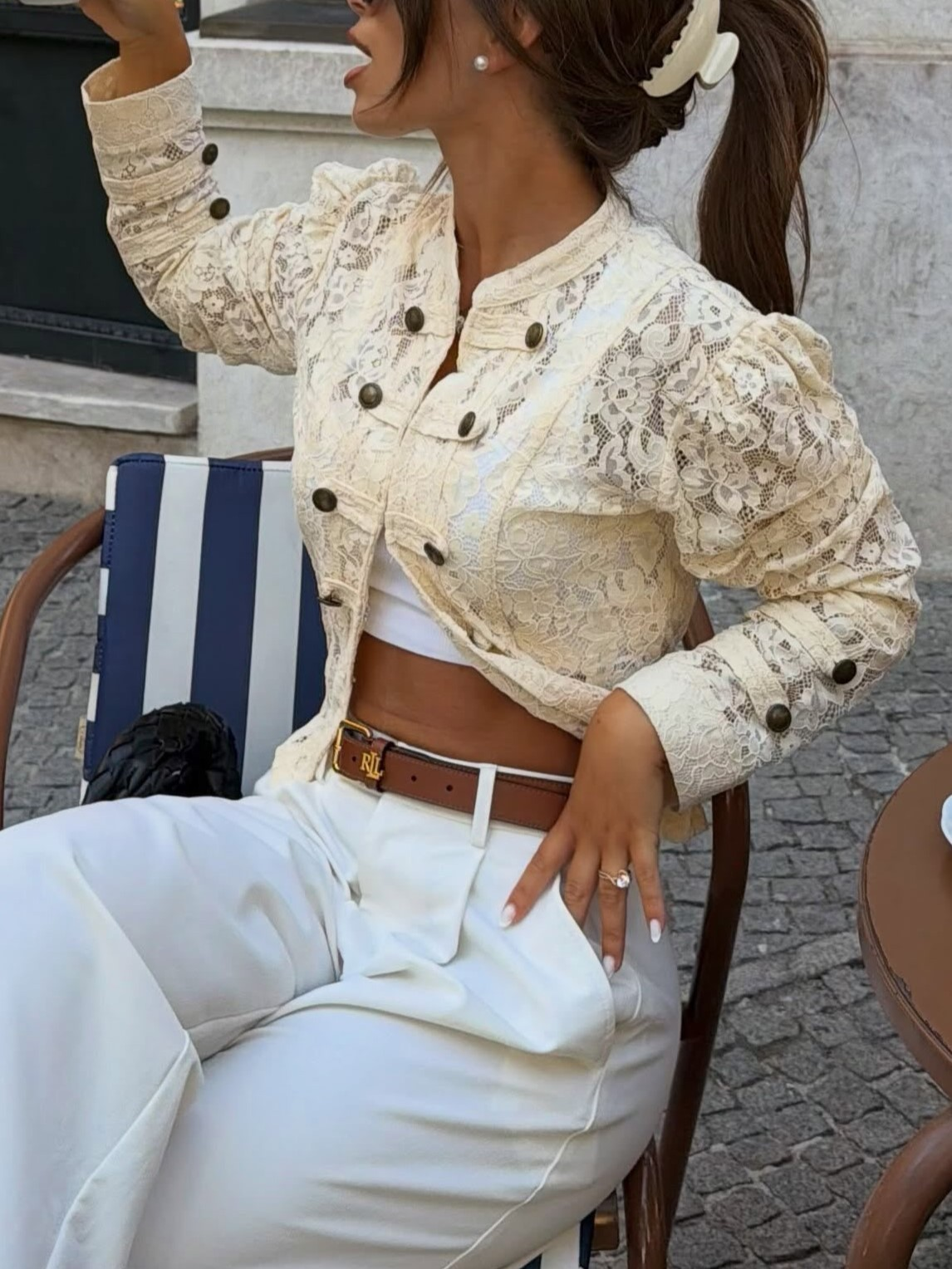 Cream Lace Double-Breasted Jacket