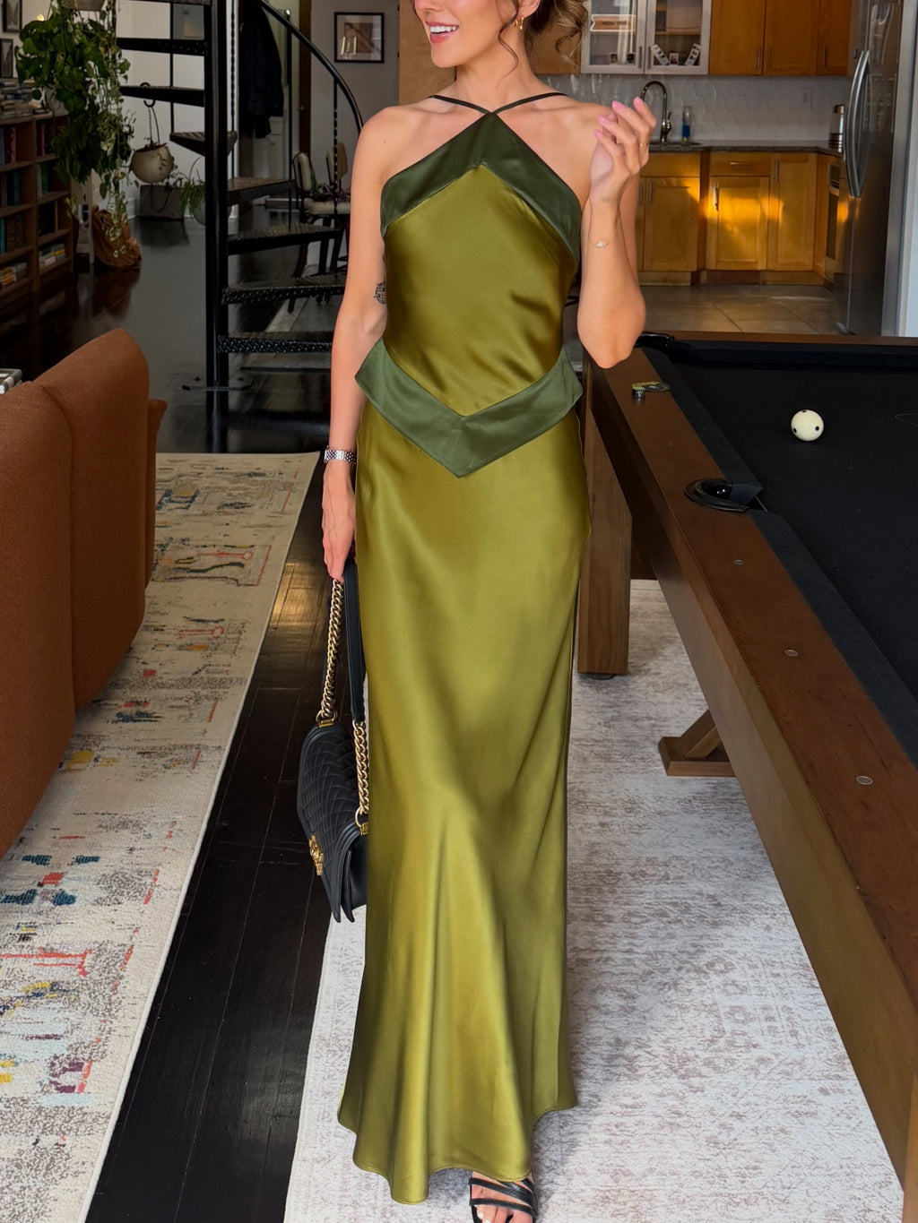 Olive Green Satin Halter Maxi Dress