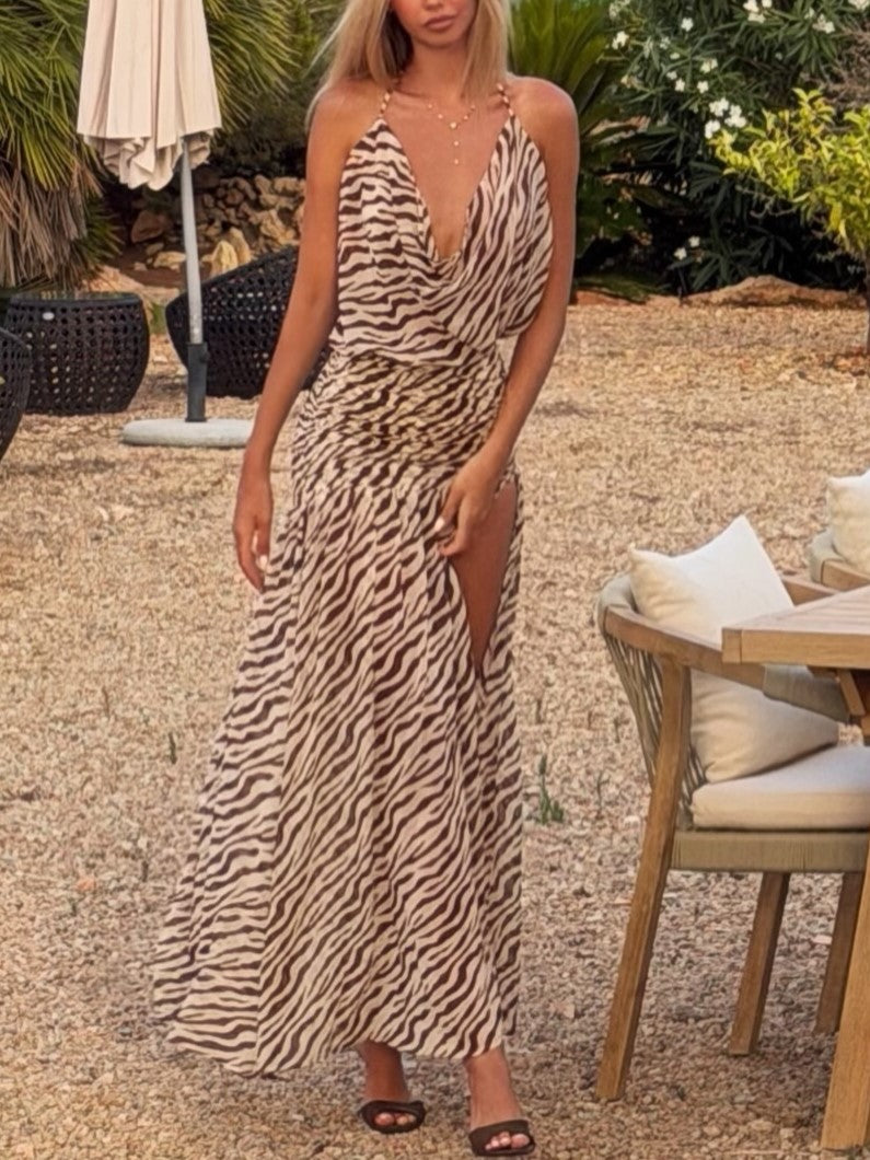 Brown Zebra Print Halter Maxi Dress