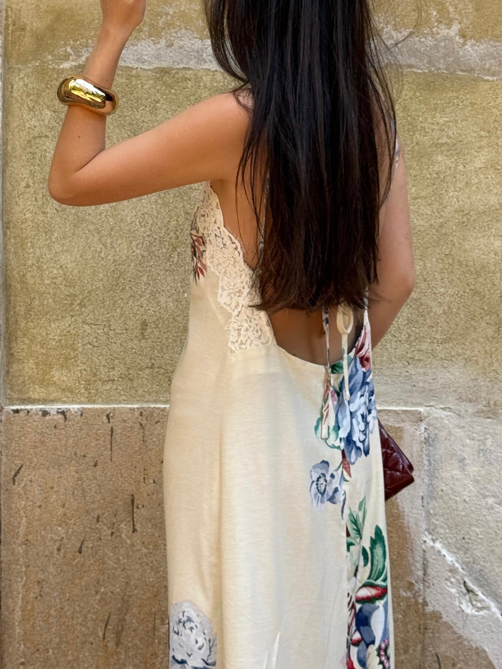 Cream Floral Lace Trim Maxi Dress