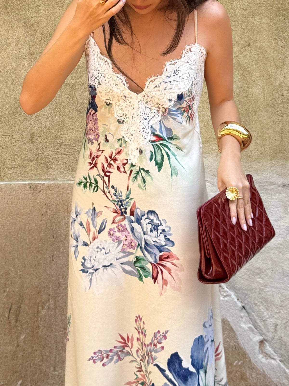 Cream Floral Lace Trim Maxi Dress