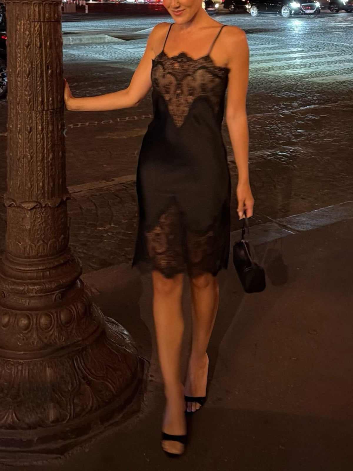 Black Satin Lace Trim Midi Dress