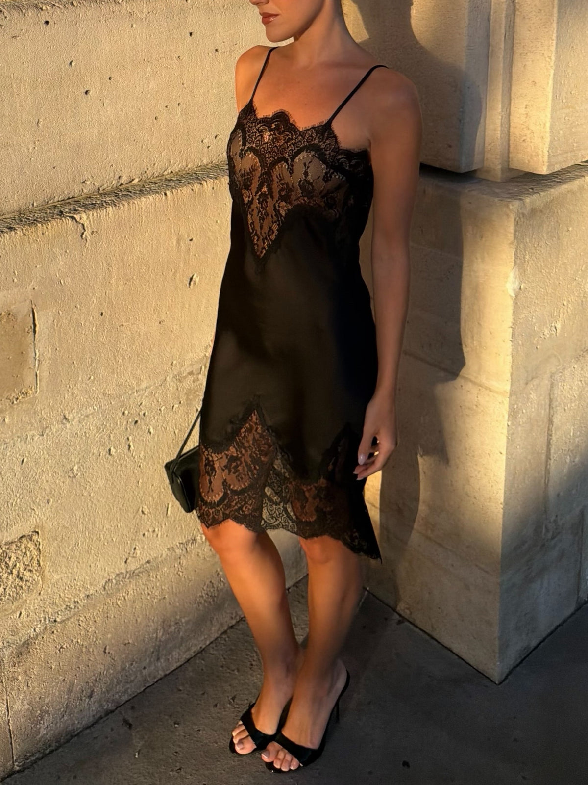 Black Satin Lace Trim Midi Dress