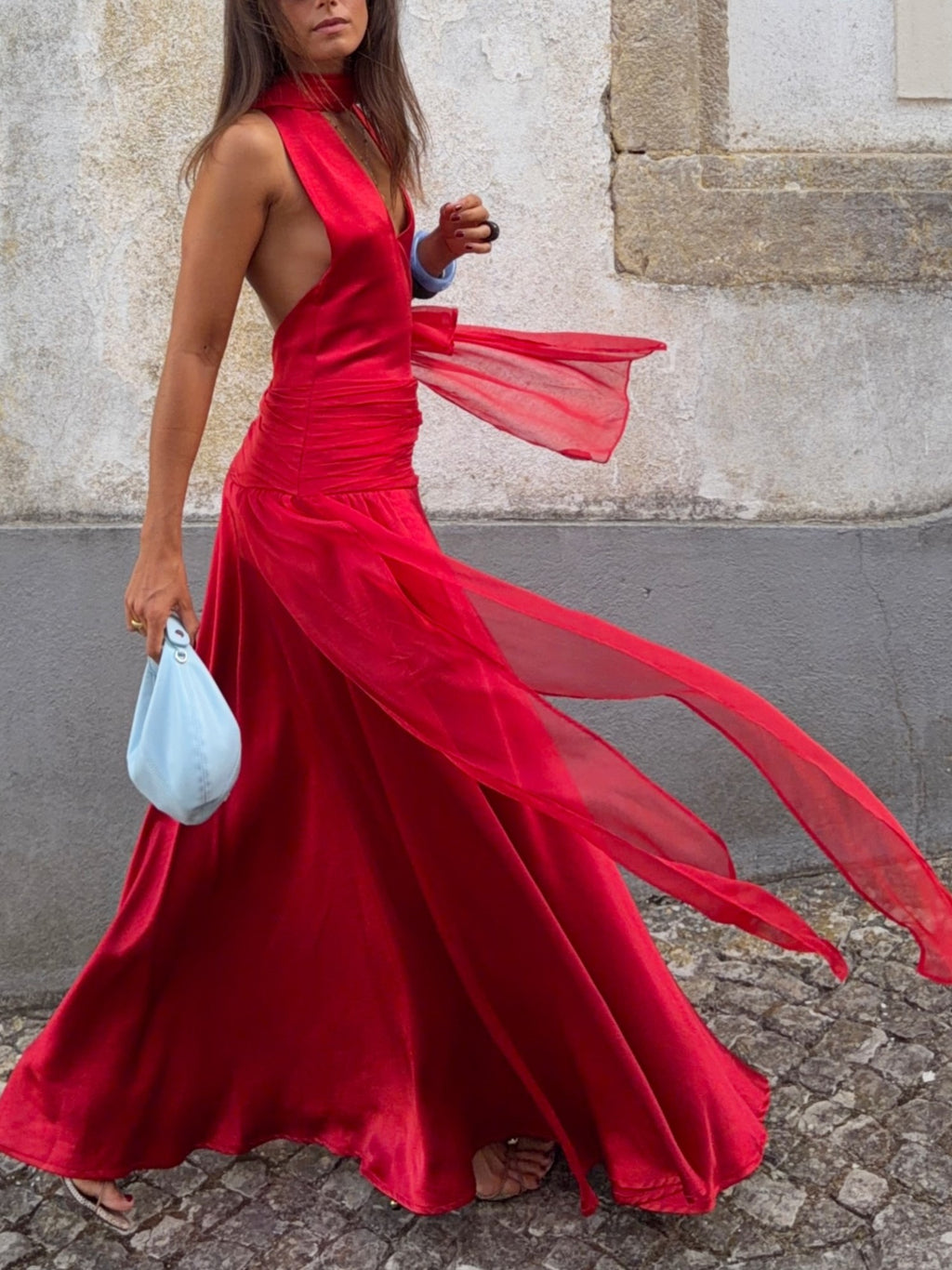 Red Chiffon Draped Maxi Dress