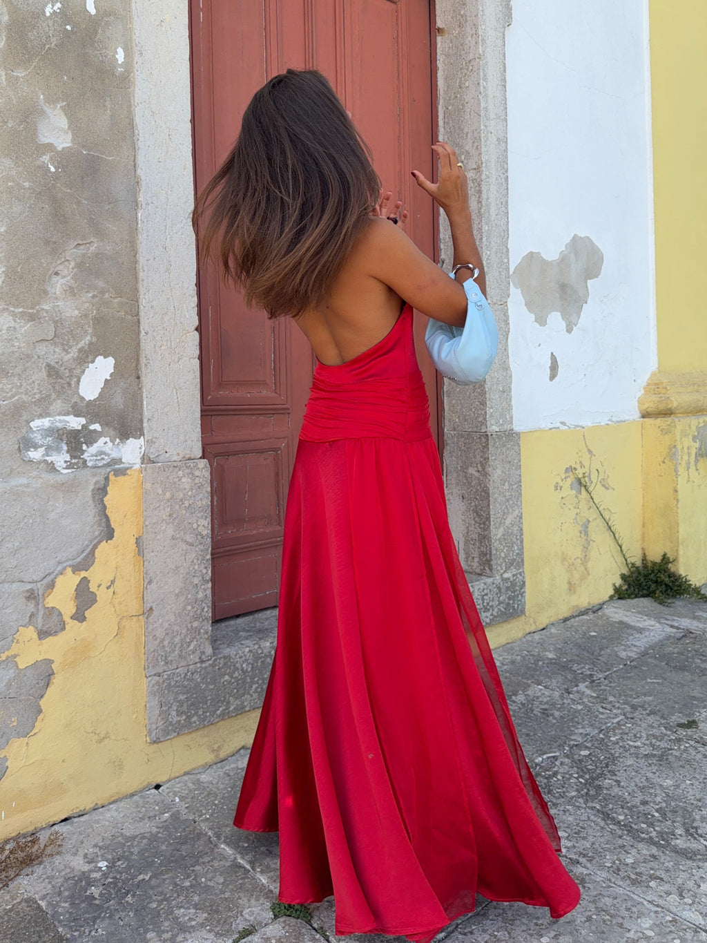 Red Chiffon Draped Maxi Dress