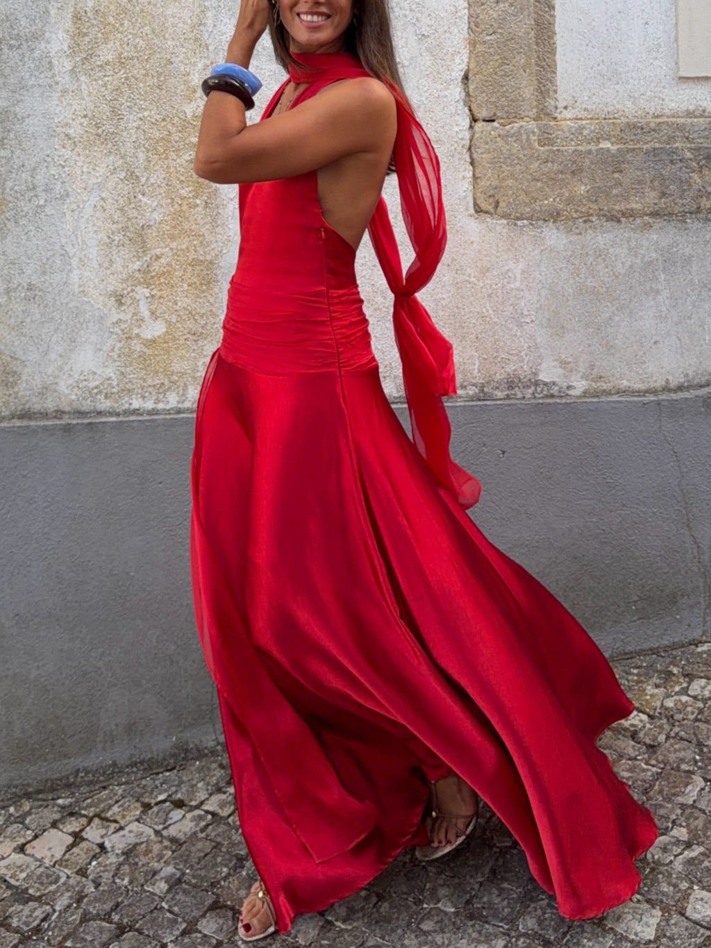 Red Chiffon Draped Maxi Dress