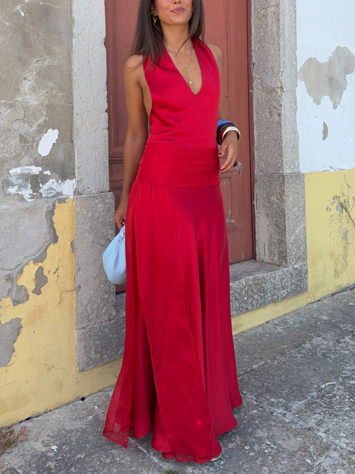 Red Chiffon Draped Maxi Dress