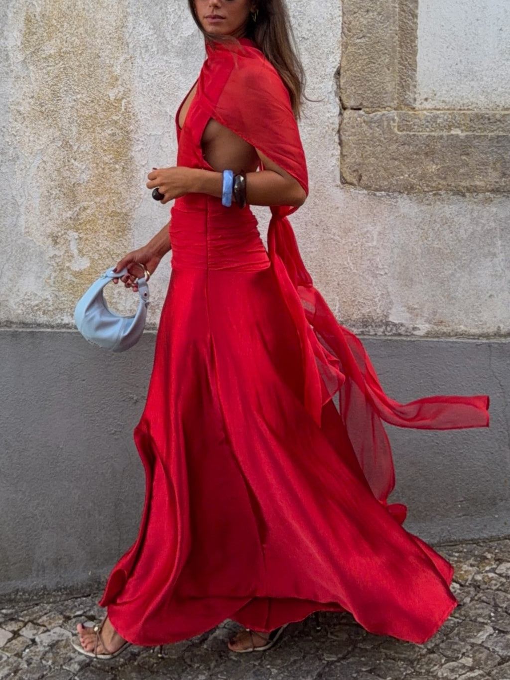 Red Chiffon Draped Maxi Dress