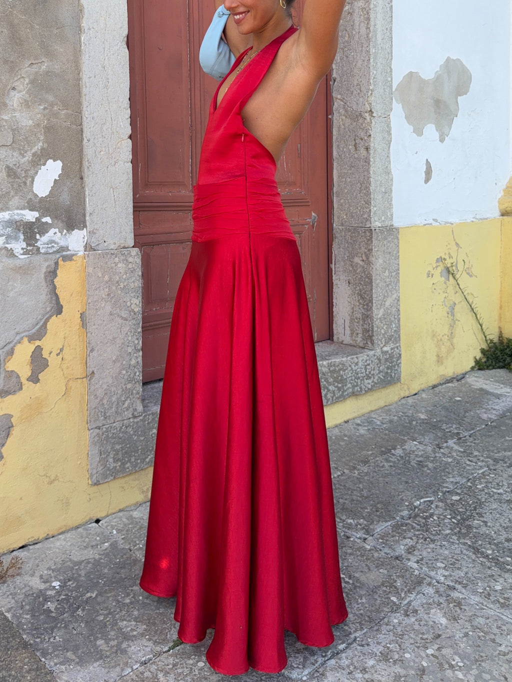 Red Chiffon Draped Maxi Dress