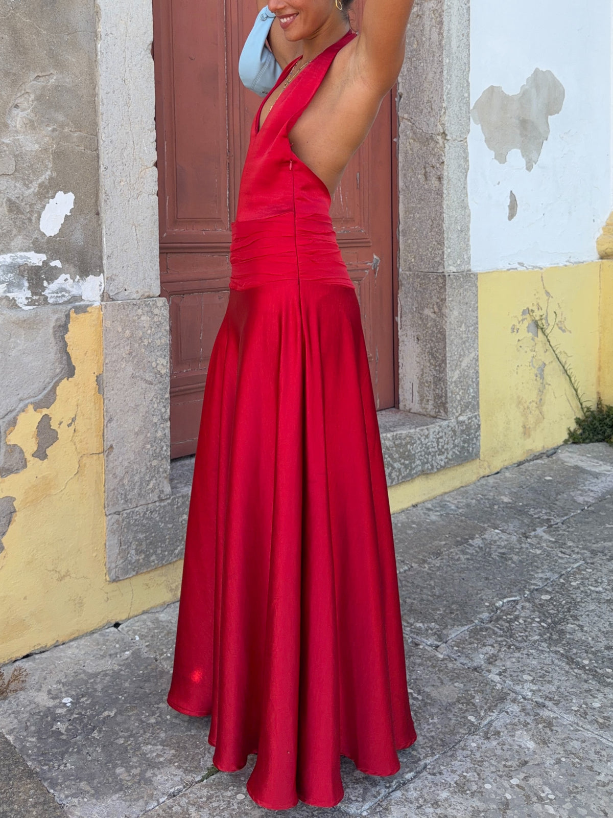 Red Chiffon Draped Maxi Dress