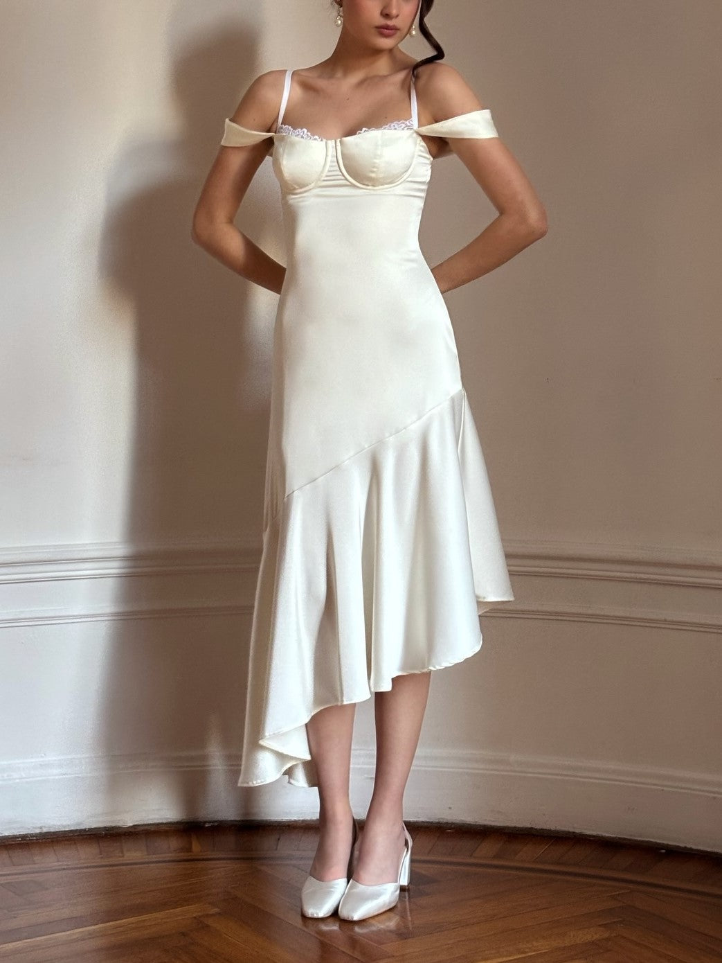Brown Satin Off-Shoulder Midi Dress
