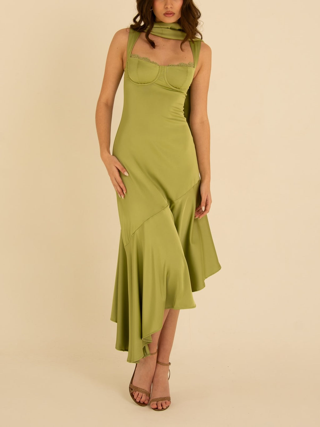 Brown Satin Off-Shoulder Midi Dress