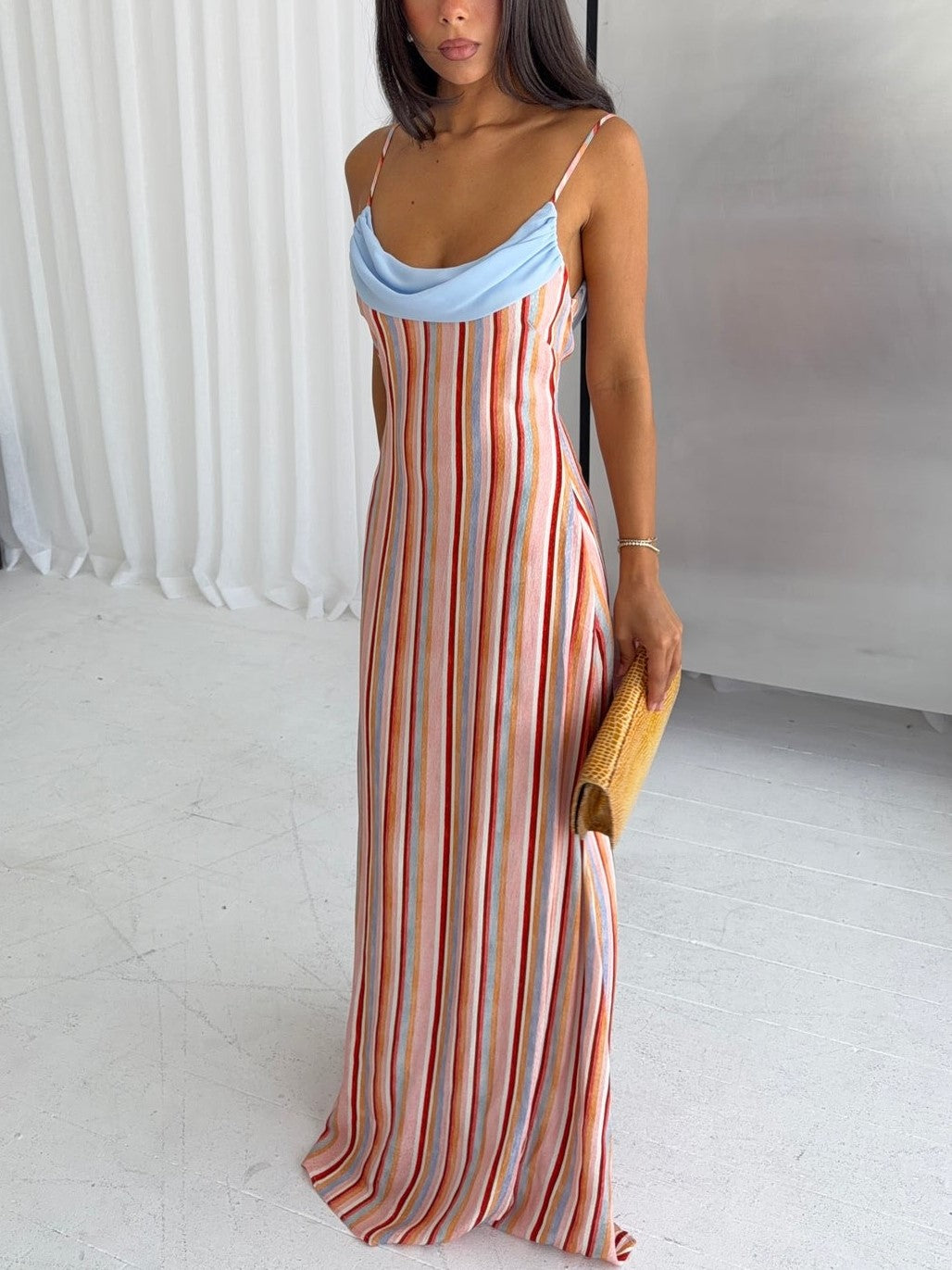 Multicolor Striped Satin Maxi Dress