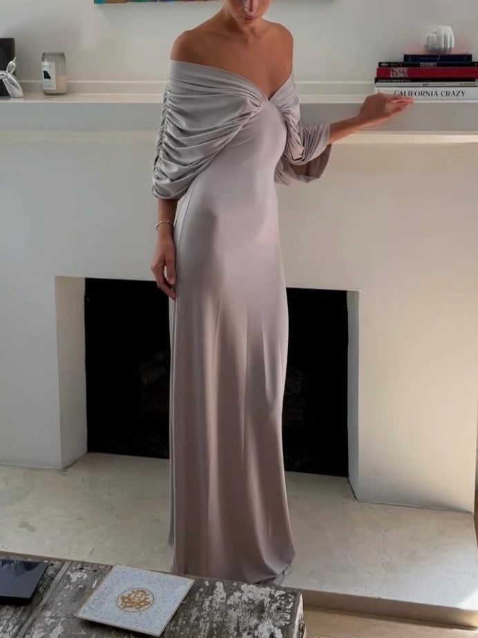 Grey Draped Off-Shoulder Maxi Dress