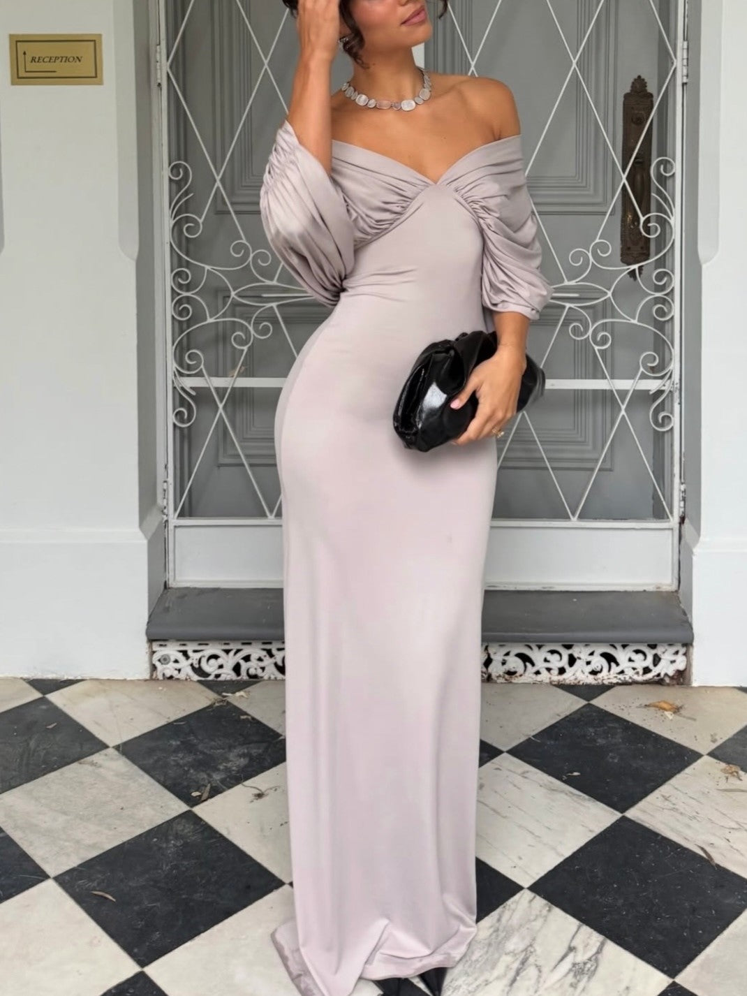 Grey Draped Off-Shoulder Maxi Dress
