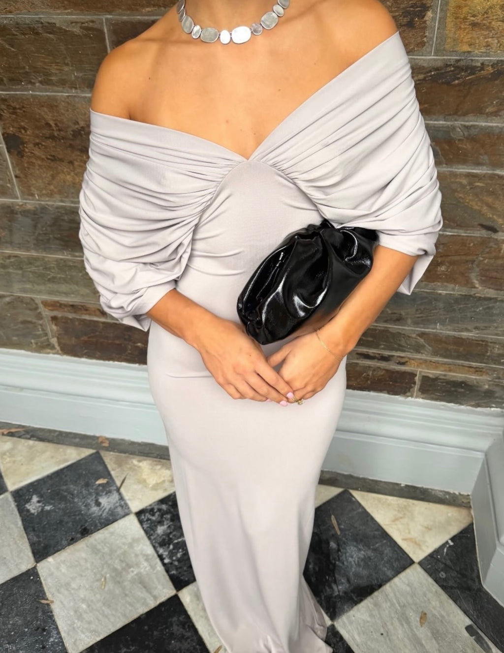 Grey Draped Off-Shoulder Maxi Dress